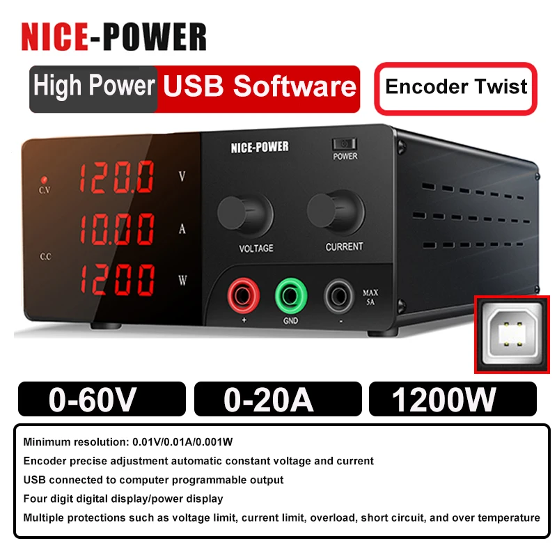 NICE-POWER High Power Programmable DC Bench Power Supply,With USB Software Connect PC,60V 20A,30V 30A,15V 100V 120V 150V 200V