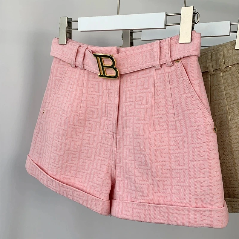 5 Colors for Option Pink Texture Washed Denim Shorts for Women with Belt Casual Style Quality Jeans Trousers