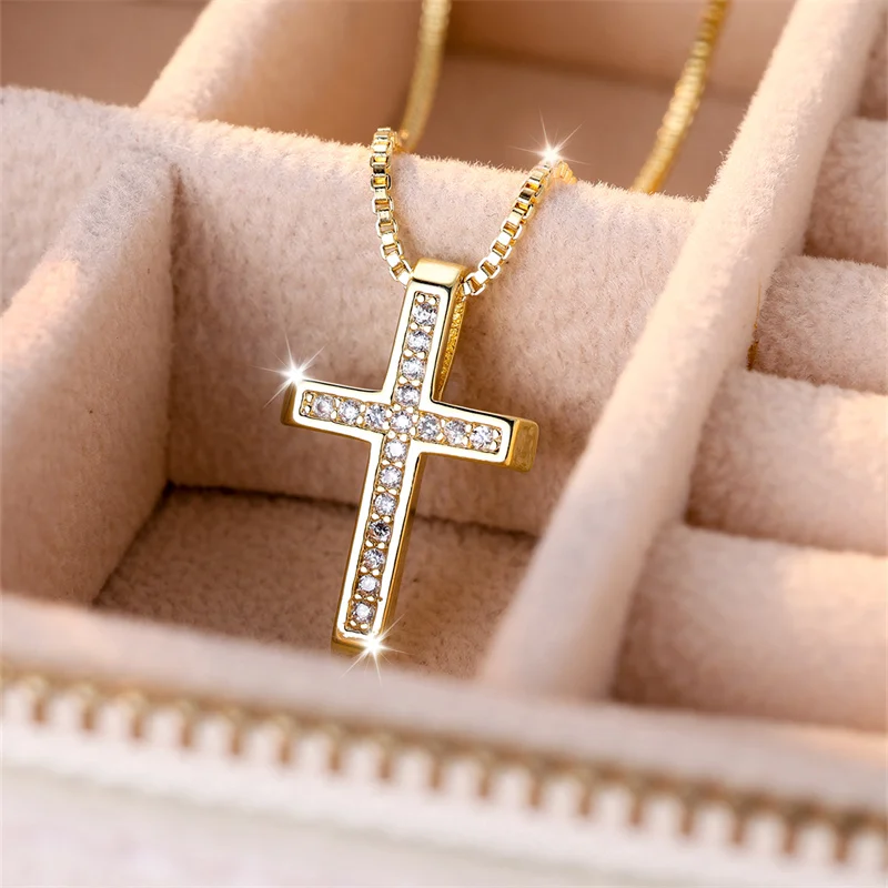 Female Male Big Cross Pendant Clavicle Necklaces For Women Men Antique Gold Color White Zircon Choker Christmas Day Jewelry Gift