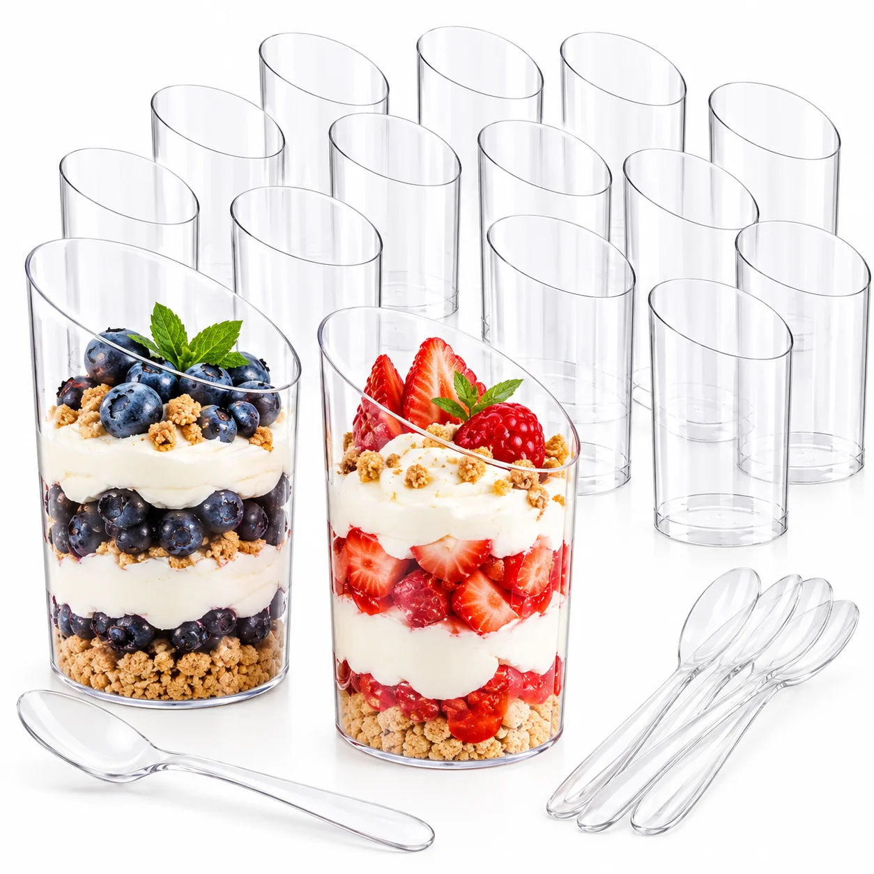 20/40PCS Disposable Plastic Dessert Cups Tilted Round Food Bowls Snack Tasting Cups Appetizer Afternoon Tea Party Event Serving