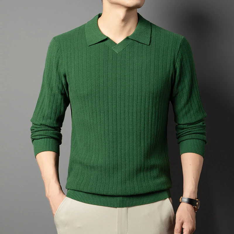 100% cotone uomo maglione alla moda 2025 autunno inverno colletto rovesciato maglieria maglione a maniche lunghe polo in maglia di puro cotone