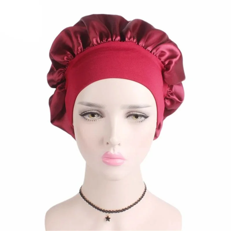 1/2/3/4Pcs Unisex New Satin Solid Wide Brim Sleeping Bonnet Elastic Hair Care Night Hat Skullies Beanies Head Wrap Cap