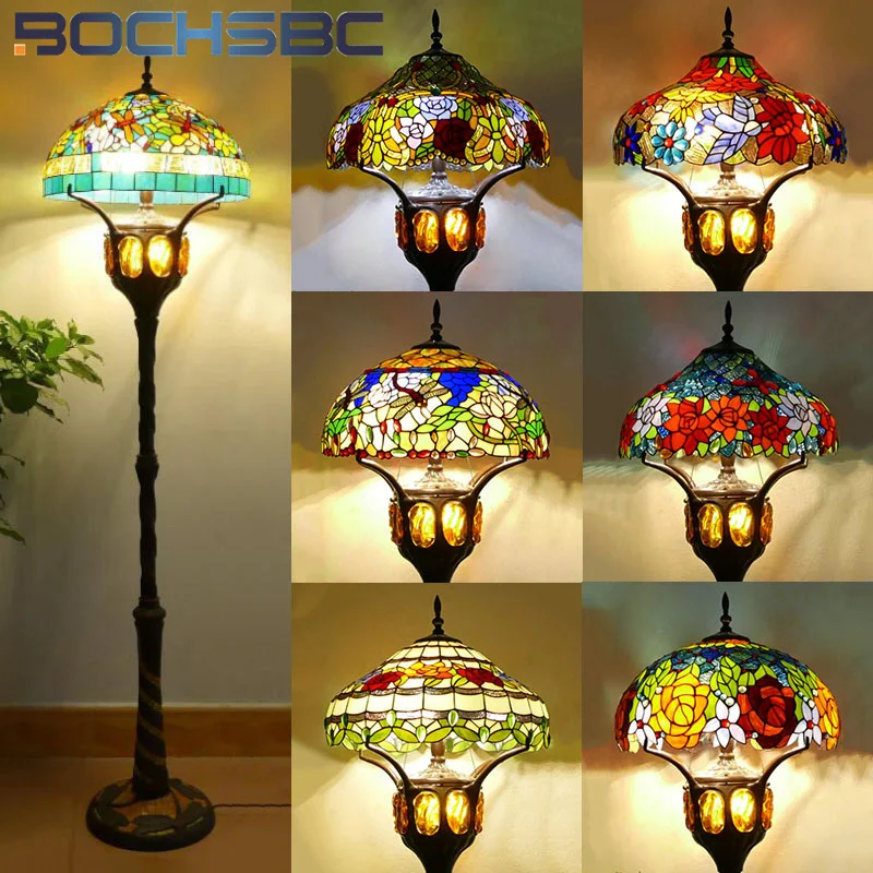 BOCHSBC Tiffany style stained glass European dragonfly metal base retro floor lamp for living room bedroom study LED decor lamp