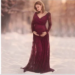 Vestido de encaje de manga larga con cuello en V para fotografía de maternidad, ropa de embarazo Maxi, vestido elegante para sesión de fotos, vino tinto