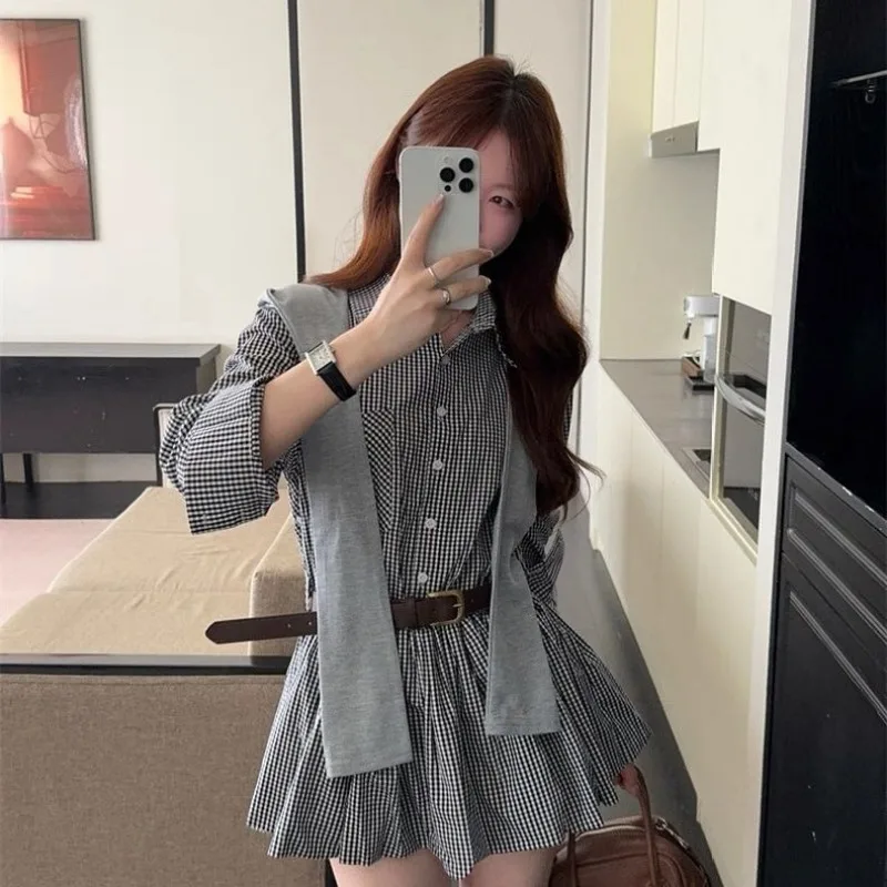 الكورية نمط شال منقوشة قميص اللباس المرأة أوائل الخريف تصميم جديد سليم مطوي تنورة #1