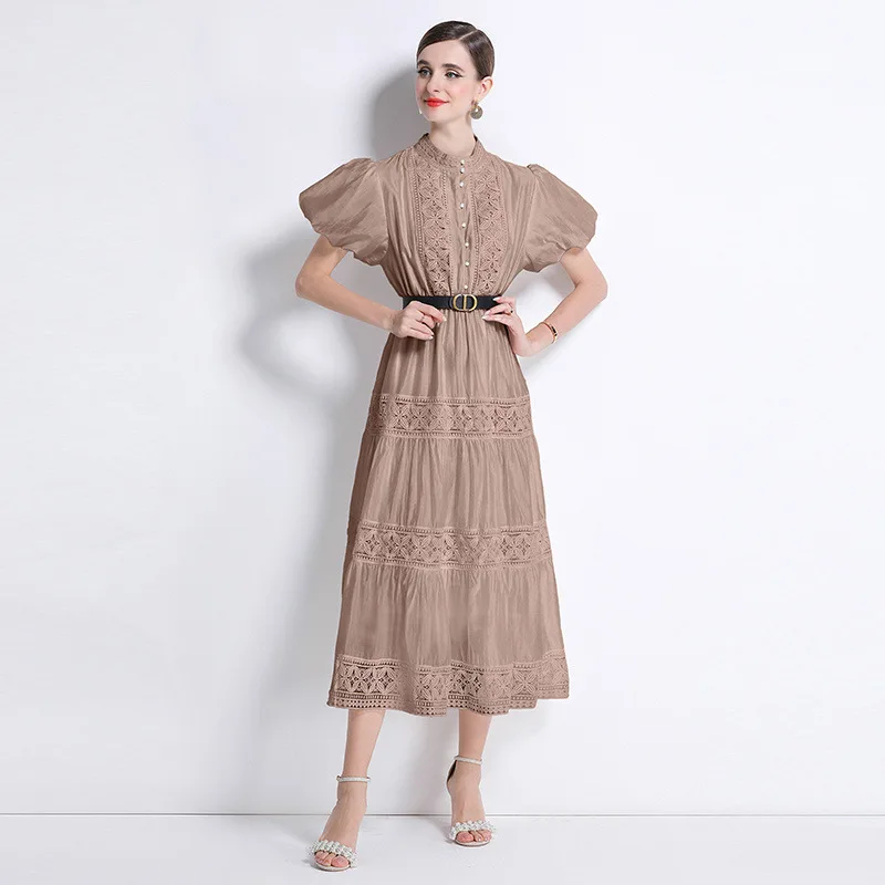 Long Lace Hollow out Bubble Sve round Ne Vintage Dr Spring Thiened Elastic Waist Other Material Dr Women's Faion