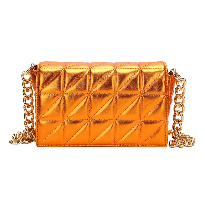 Fashion 2024 Quilted Metal Chain Small Square Bag Totes Bolsos Women\'s Diamond Lattice Shoulder Bags Shiny Gold Handbags