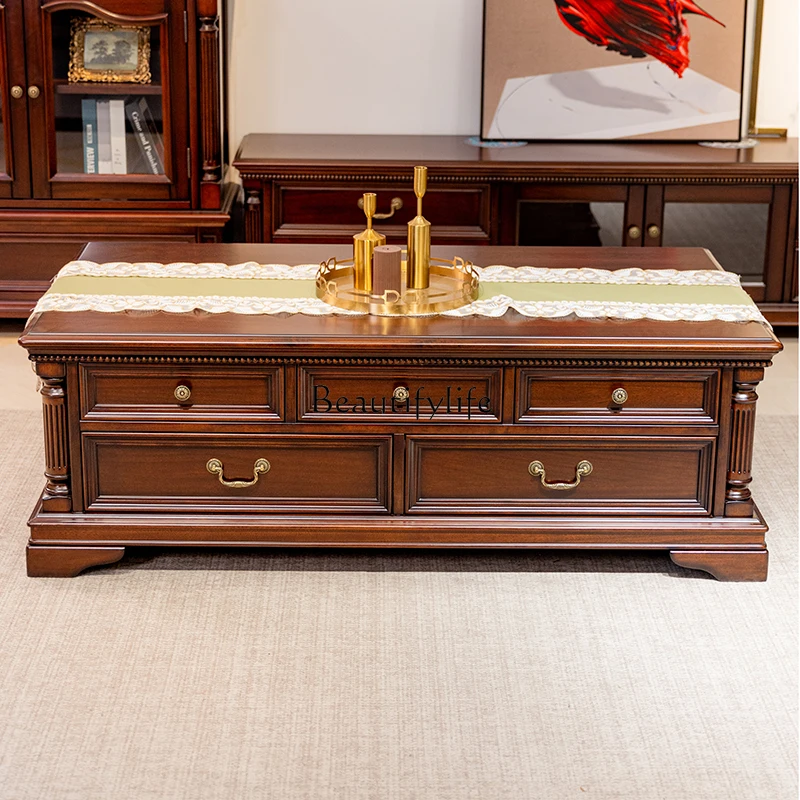 

American Style Coffee Table Black Walnut Solid Wood Living Room Rectangular Super Multi-Drawer Small Apartment