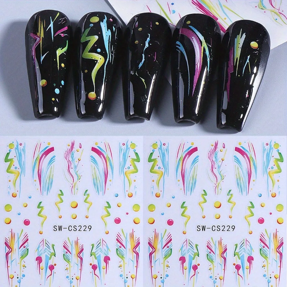 3D Graffiti Nail Art Stickers Colorful Abstract Swirls Line French Design Adhesive Nail Decals for Manicure Decor Accessories