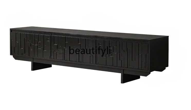 

French Black Solid Wood TV Cabinet Audiovisual Cabinet Nordic Log Living Room Floor Storage Carved Film and Television Cabinet