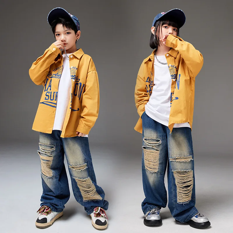 Spring Autumn Children Teen Boys Girls Streetwear Loose Casual Long Sleeve Shirts Hole Wide Leg Jeans Pants Sets Kids Tracksuits