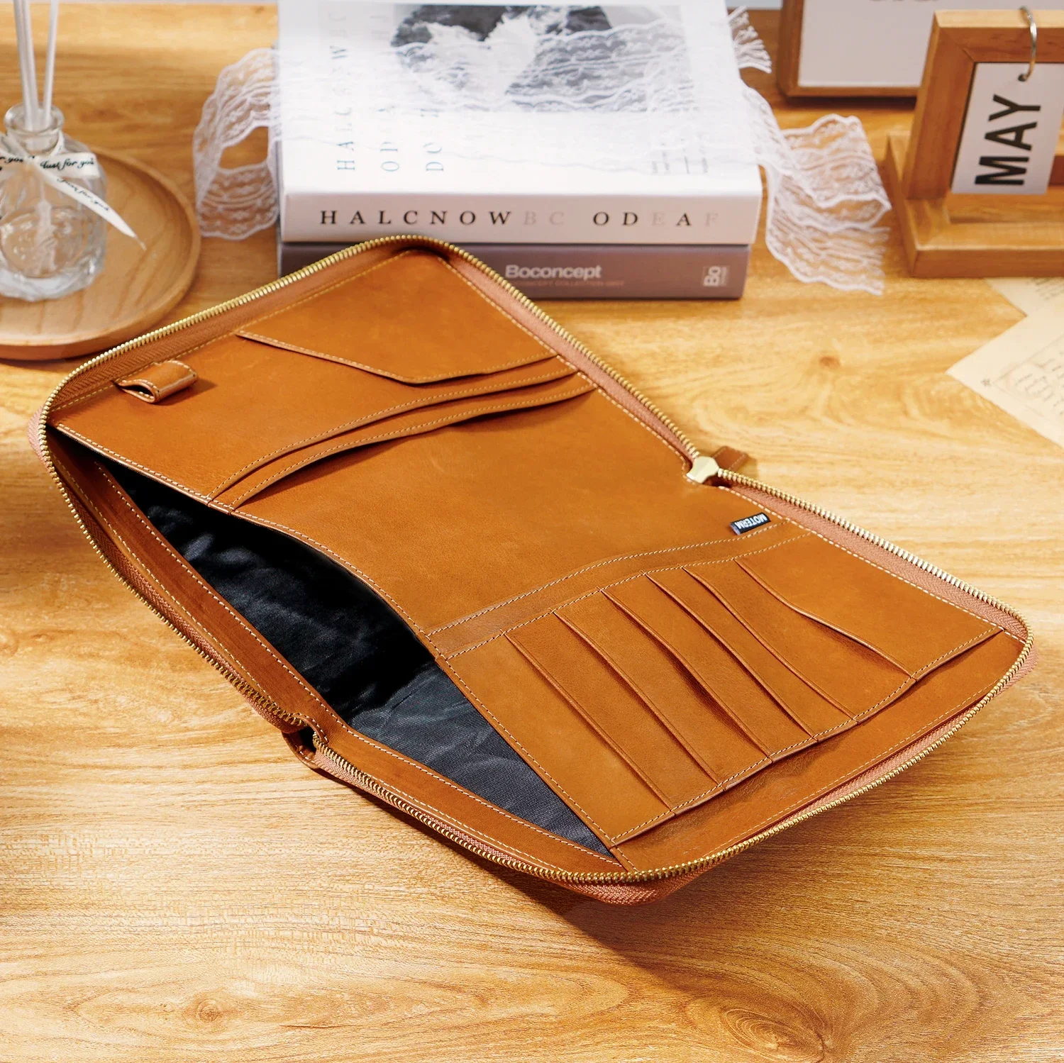 Moterm Full Grain Vegetable Tanned Leather A5 Zip Cover with Top Pocket Planner Zipper Notebook Organizer Agenda Journal Diary