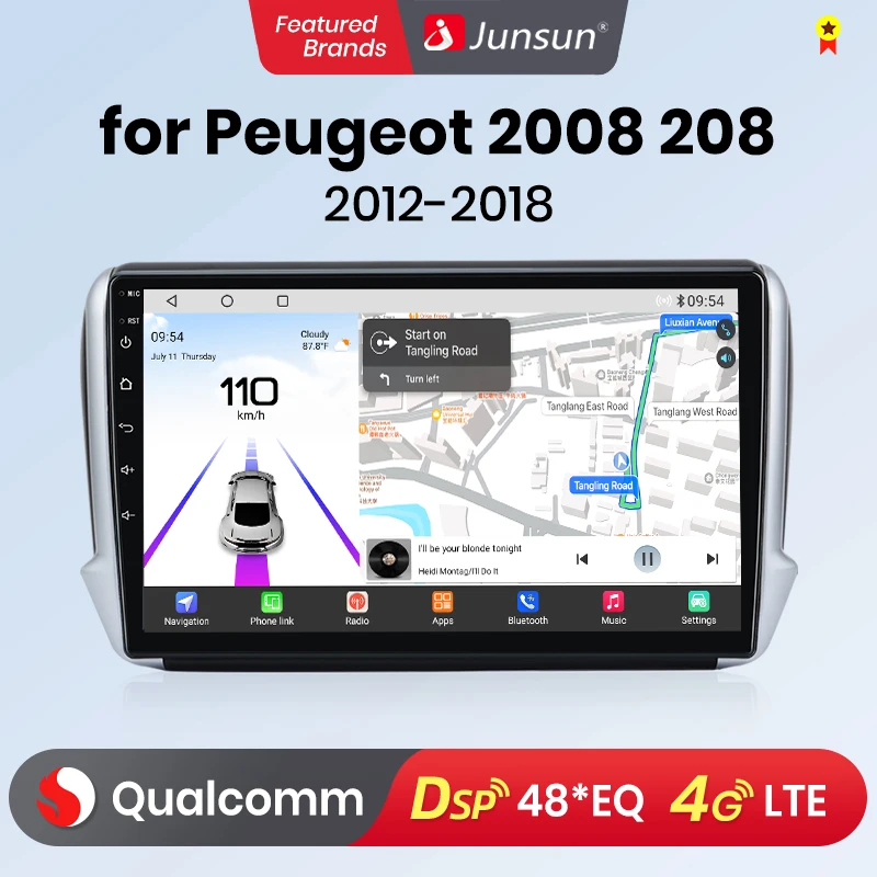 Junsun Qualcomm chip 8-Core Android13 Autoradio per Peugeot 2008 208 2012-2018 Wireless CarPlay Autoradio Stereo Multimedia 4G