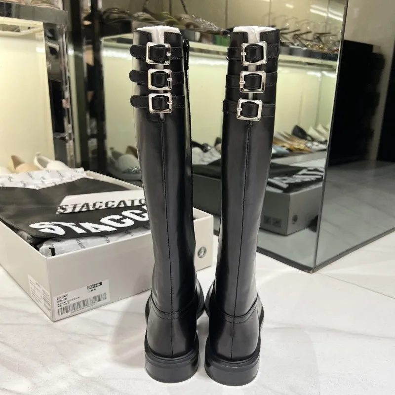 

Women Thick Soled Long Boots with Belt Buckle Decoration Knight Boots with Outer Zipper Boot with Low Heel Leather Winter Boot