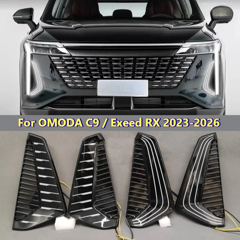 Car LED Daytime Running Light For OMODA C9 / Exeed RX 2023-2026 DRL Dynamic Turn Signal Front Fog Light Modified 12V Daylights