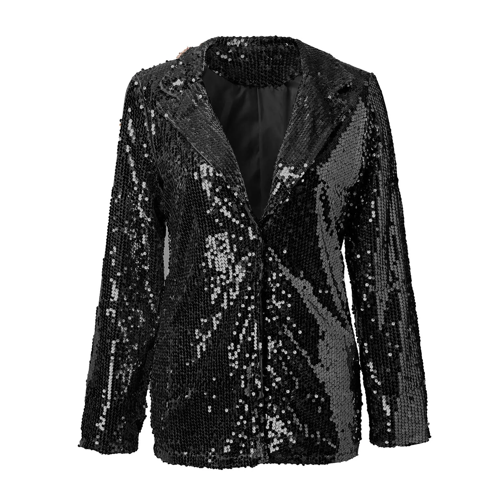 Female Solid Color Sequins Suit Jacket Casual Fashionable Long Sleeve Glitter Party Shiny Lapels Blazer Outerwear