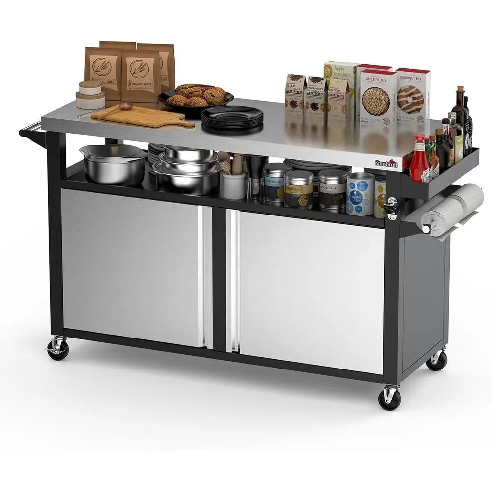 

Portable Outdoor Kitchen Island with Stainless Steel Top, BBQ Grill Cart, Double Door Cabinet & Pull-Out Shelf