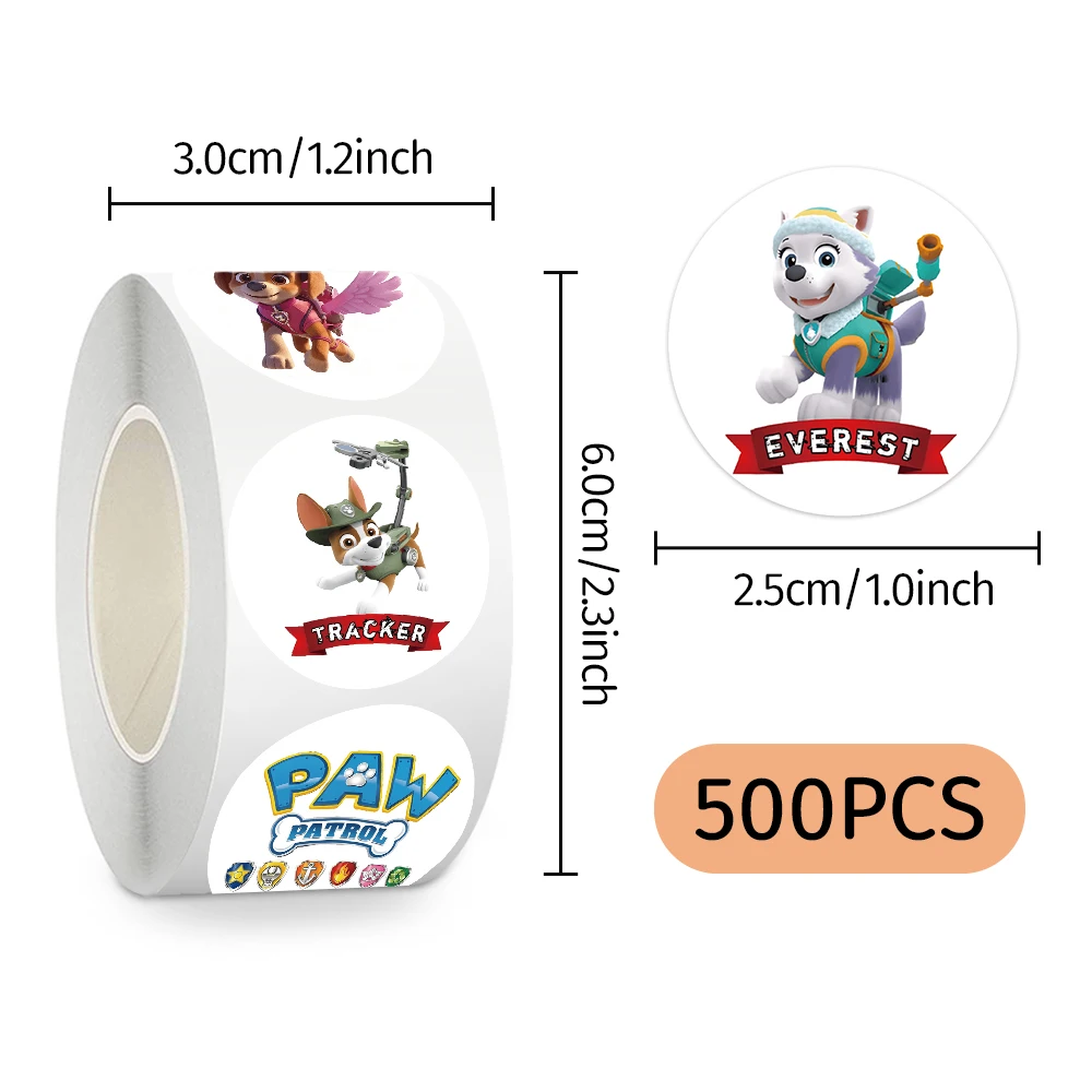 500 sztuk/rolka Nowe naklejki uszczelniające z motywem Psi Patrolu, naklejki PVC do samodzielnego wykonania, dekoracje na laptopa, naklejki, nagrody, zabawki