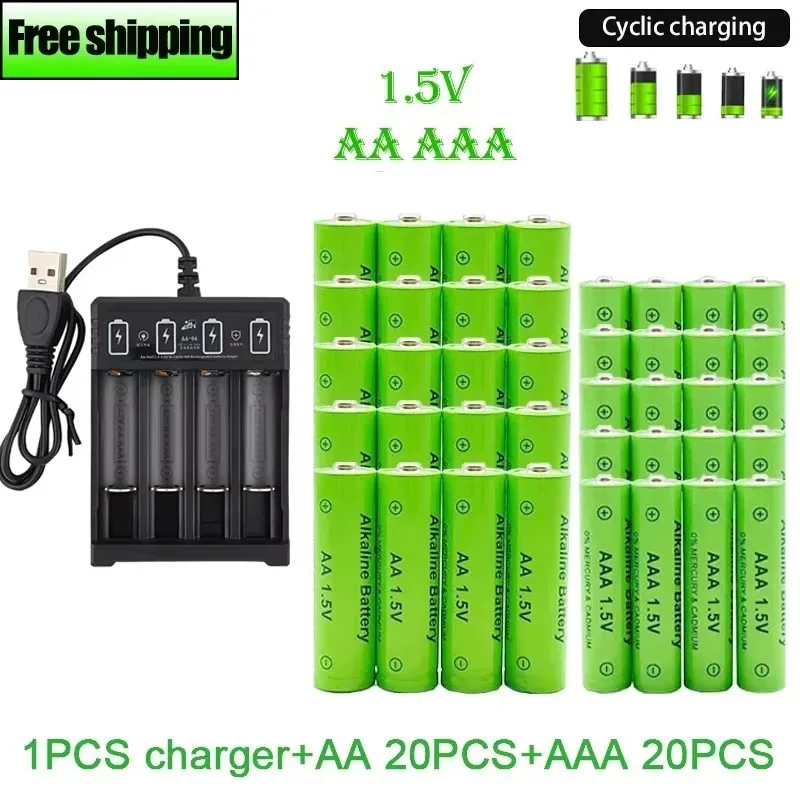 بطارية AA + AAA جديدة 1.5 بطارية قابلة للشحن AA3800MAH AAA3000 مع شاحن USB للأجهزة الإلكترونية لمصباح يدوي LED