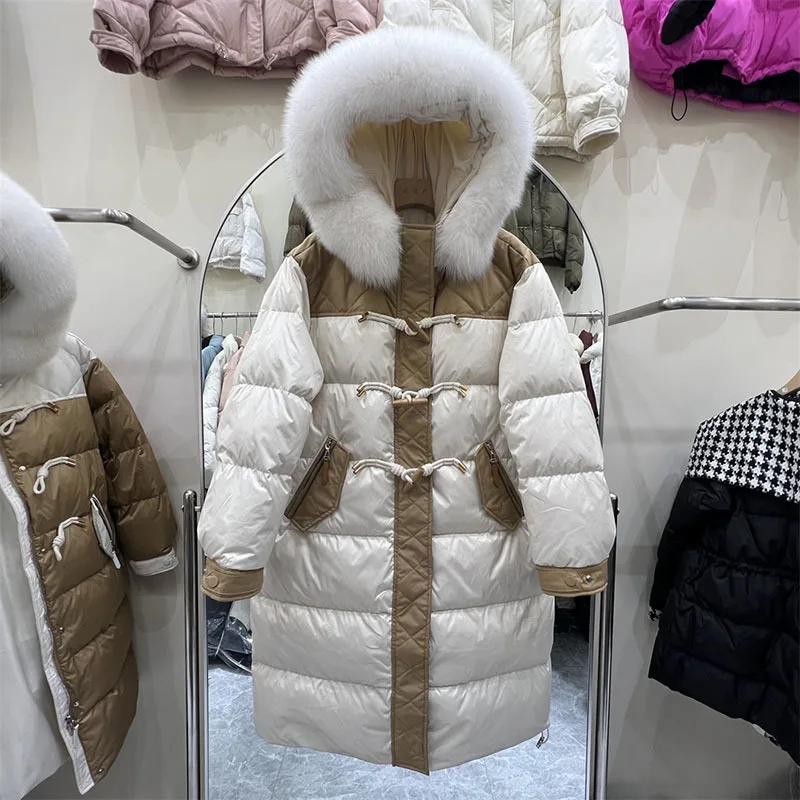 

2023 Winter New Women Down Jacket Real Fox Fur Collar Hooded Thick Warm Female Coat