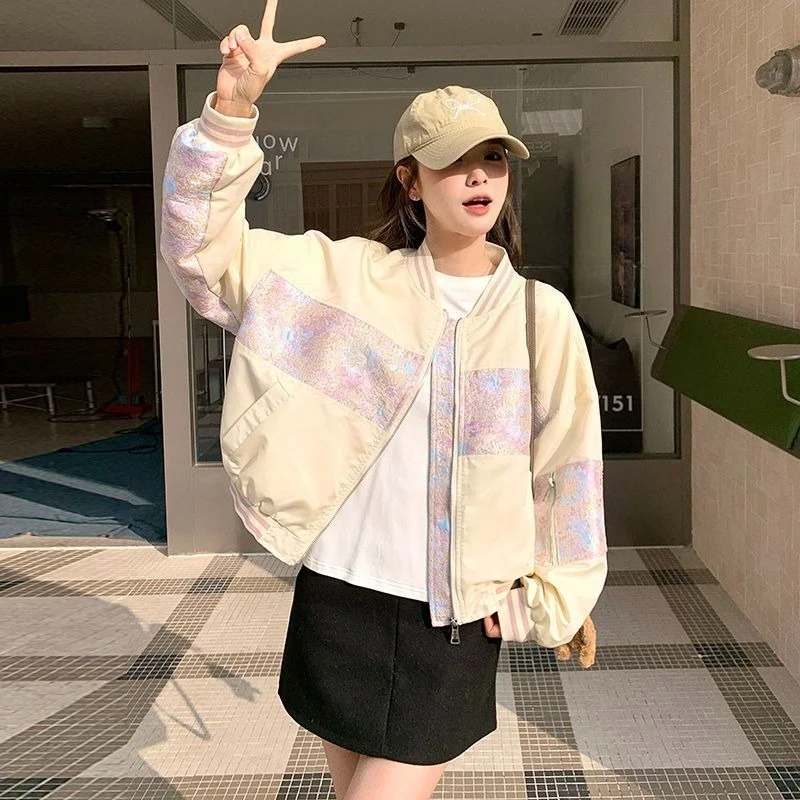 

Soft Cream Dopamine Style Patchwork Baseball Jacket Women's 2025 Spring Trendy Sweet Edgy Cropped Top for Street Style