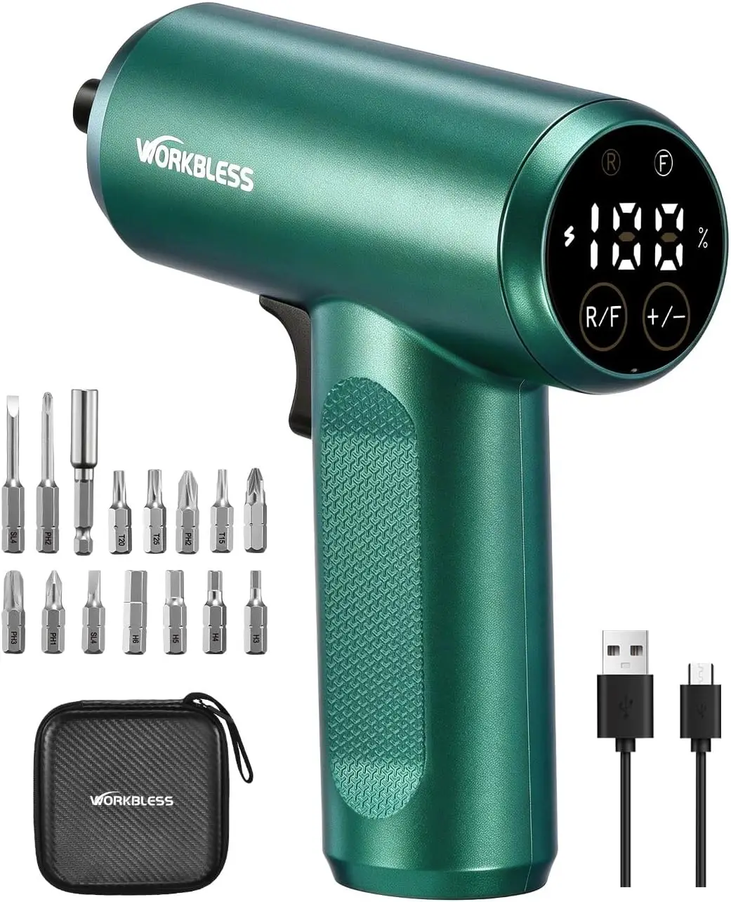 

Cordless Screwdriver 3.7V Electric with LCD Touchscreen, 8 Torque Settings, 15Pcs Bits, USB Cable, Carry Bag for Home DIY