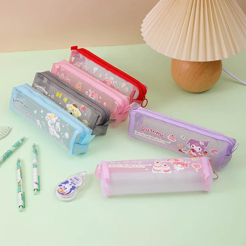 12pcs/lot Sanrio Kuromi Kitty Pencil Case Kawaii Melody Mesh Pencil Box Stationery Pen Storage Bag Office School Supplies