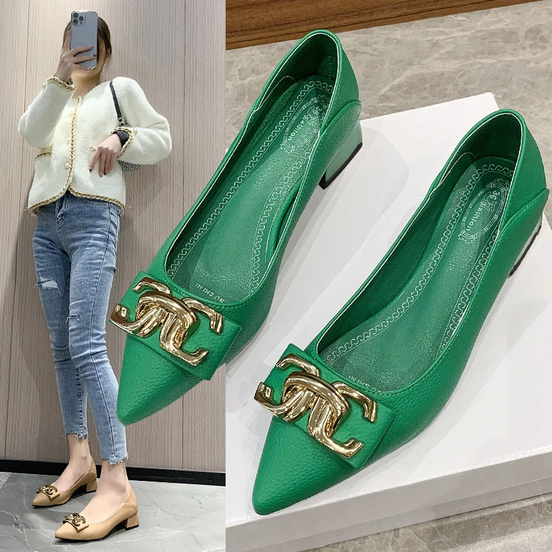 

Pointed single shoes for women thick heels new spring style metal buckle tide with shallow mouth shoes small low heel moccasins