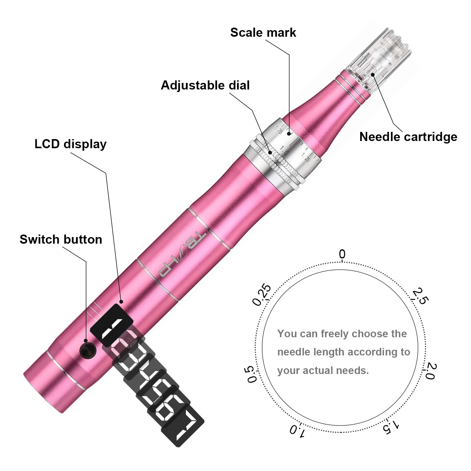 Professioneller Elektrischer Kabelloser M1 Microneedle-Stift mit 12 Kartuschen, Nadellänge 0,25 mm, Schönheitsgerät, Derma Pen – Detail 8