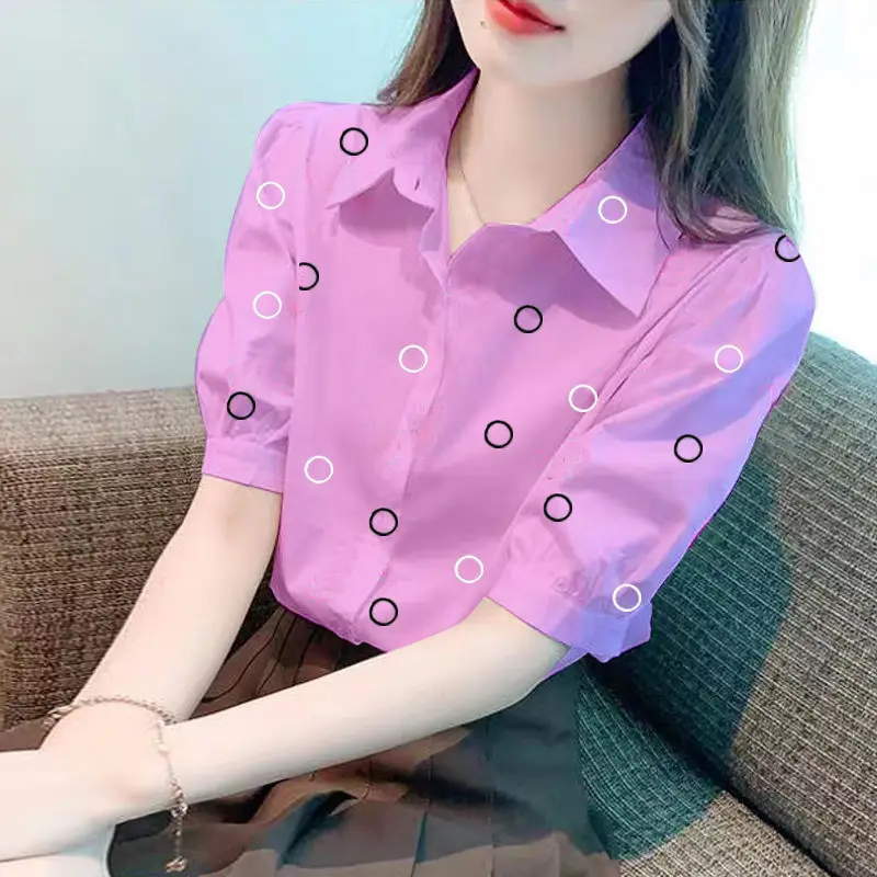 Korean Women\'s Clothing Printing Short Sleeve Shirts Ladies Casual All-match Tops Turn-down Collar Summer Office Lady Blouses