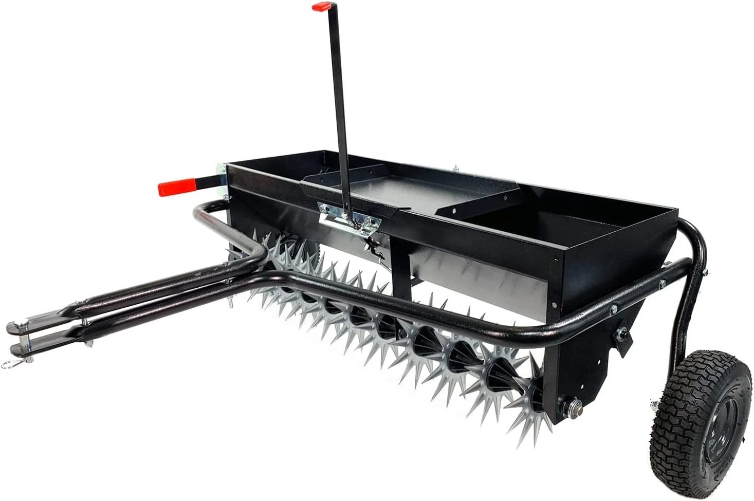 

Trailer rear combined aerator spreader with counterweight plate