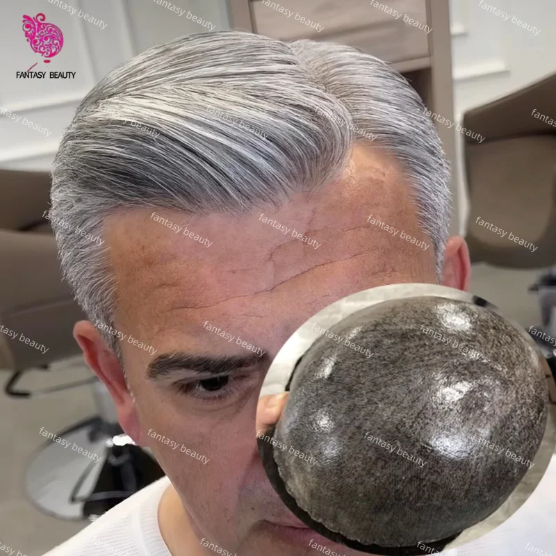

1B80 Black with 80% Gray 30mm curly Human Hair Men Toupee Thinness 0.1-0.12mm Injection Full pu base men Prosthesis hair toupee