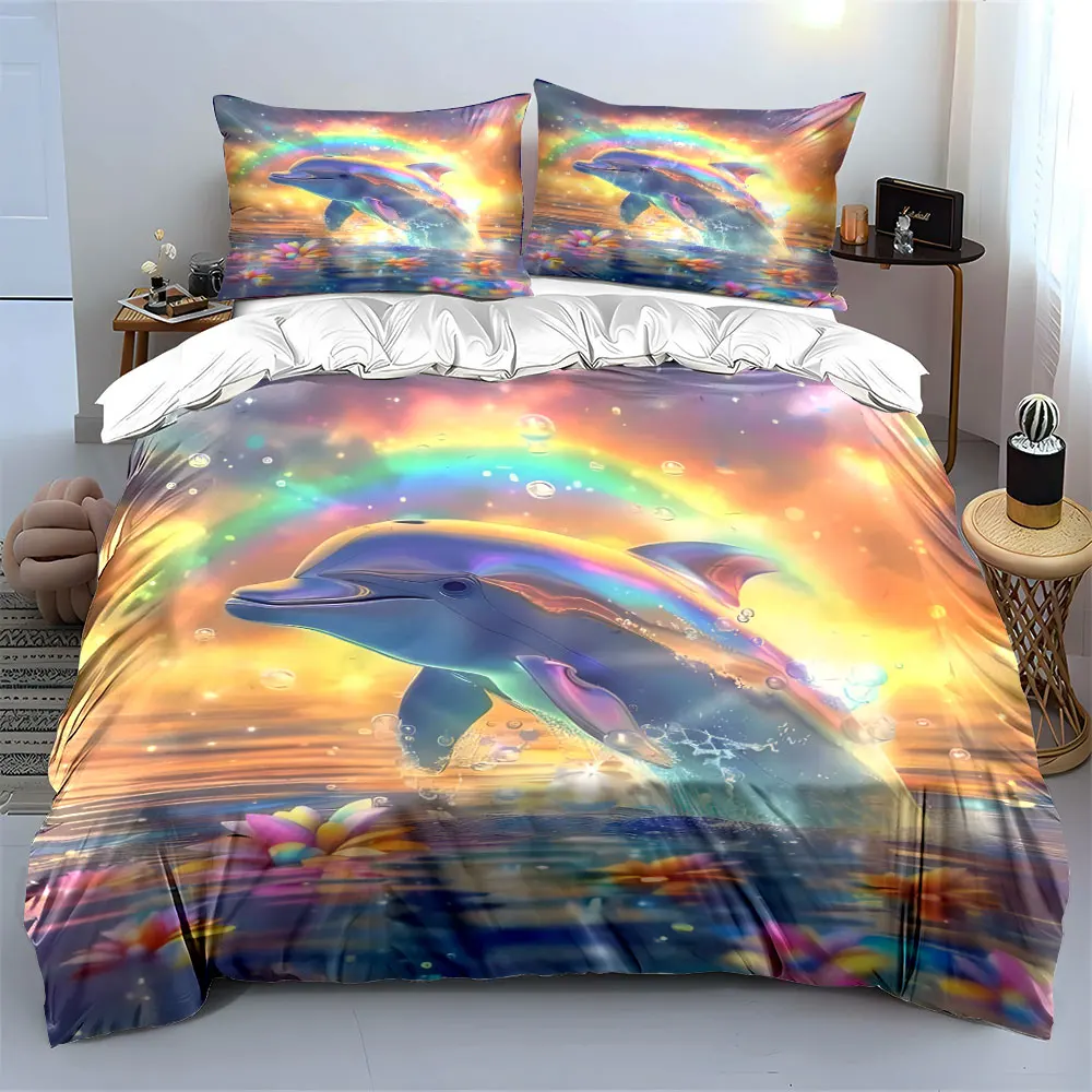 Dolphin leaping with rainbow Print Bedding Set 1 Duvet Cover 2 Pillowcases for Adult and Children Luxury Gift Full Size