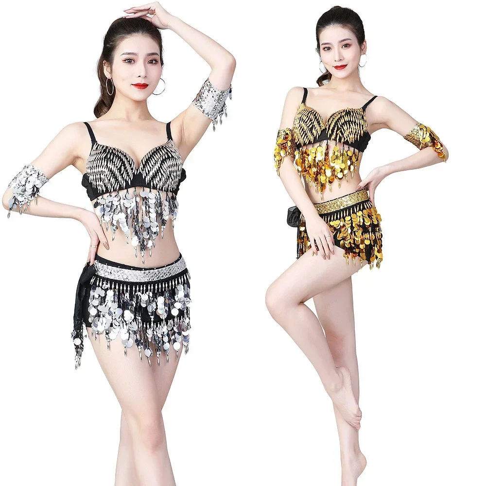 Belly Dance Costume Nightclub Music Festival Cosplay Halloween Dance Performance Wear 3PCS Bra Belt Armbands