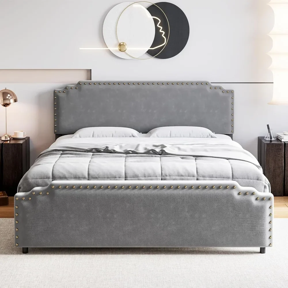 King Size Bed Frame with Headboard, Velvet Upholstered Platform Bed with Rivet Decor, Heavy Duty, No Box Spring Needed,Grey