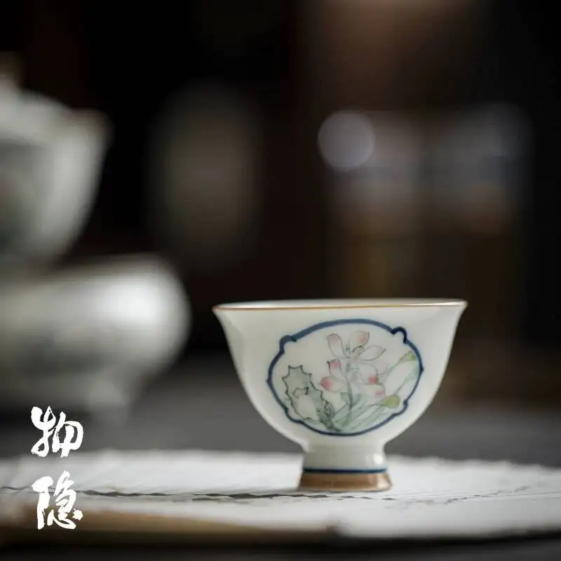 Wuyintang hand Painted Window Patterned Orchid Imitation Song Dynasty High Footed Master Underglaze Colored Cup Kung Fu Tea Set