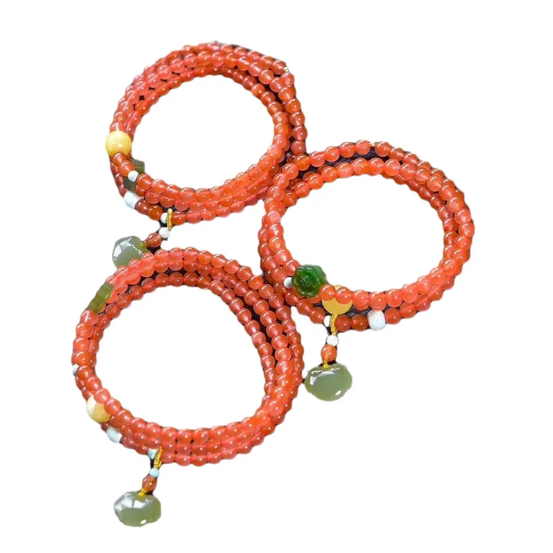 Natural Agate Three-Strand Bracelet Cherry Water with Honey Amber and Hetian Jade South Red Beads