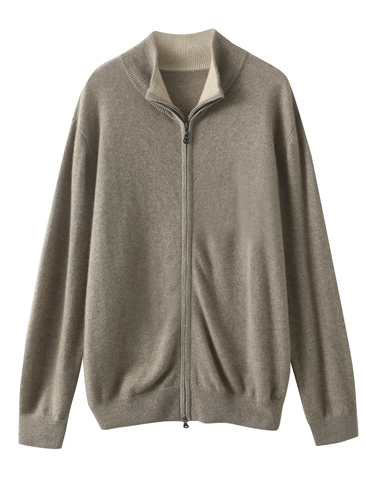 

100% pure cashmere sweater men's semi-high neck YYK zipper cardigan long sleeve solid color thick casual.