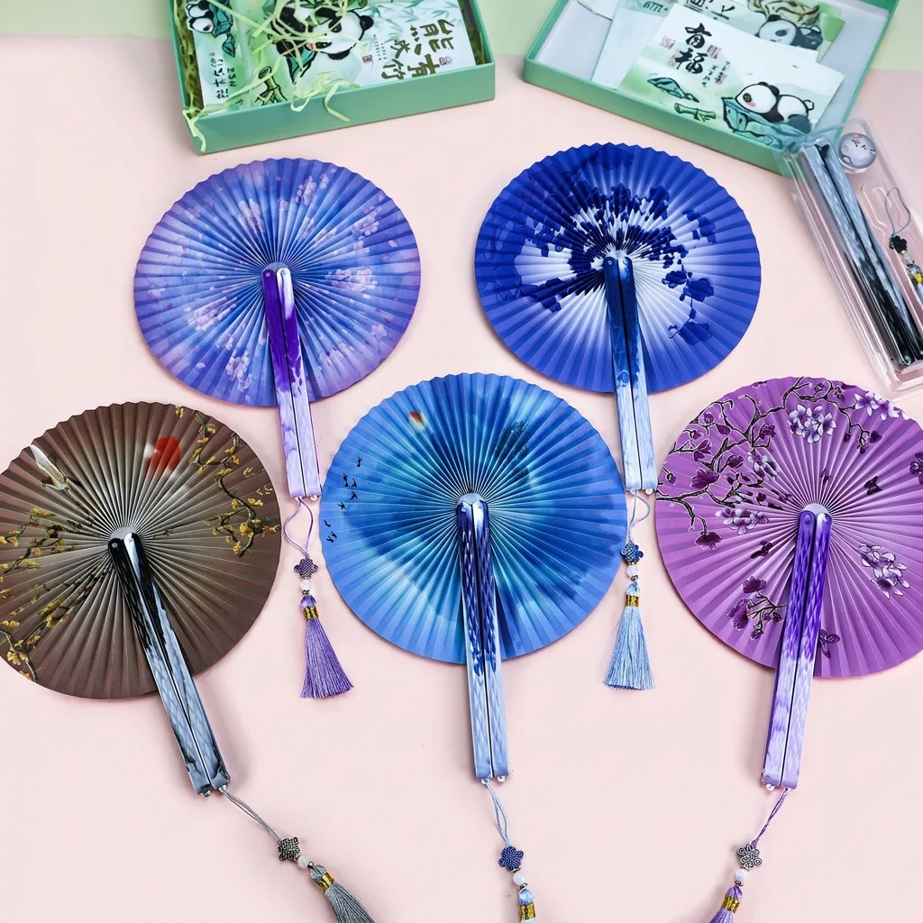 Éventail rond pliable magnétique de style chinois, imprimé traditionnellement, avec pompon, pour la photographie Hanfu, souvenir de voyage