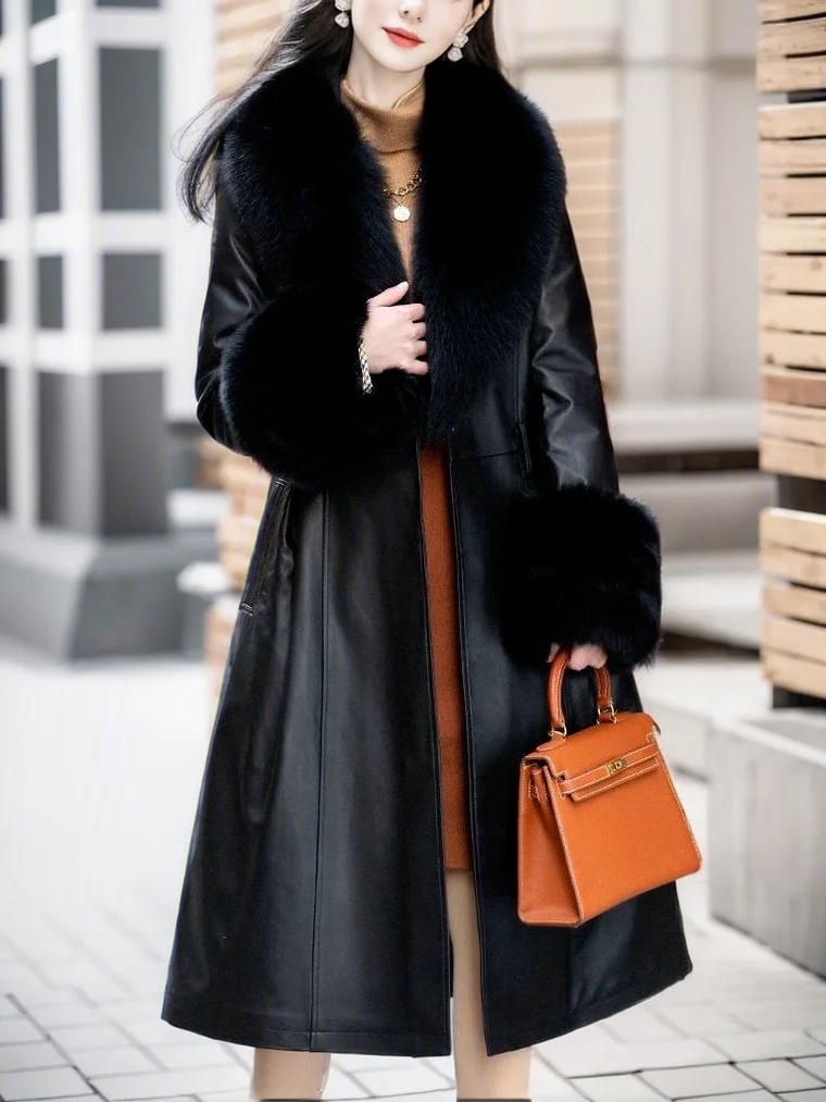 Winter Fashion Imitation Fox Fur Collar Thickened Washed Leather Coat Women High-End Slimming Faux Fur Coat Jacket Women