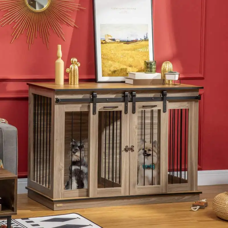 Dog Crate Furniture with Divider, Dog Crate End Table for Small to Large Dogs, Large Indoor Dog Kennel with Double Doors, Oak