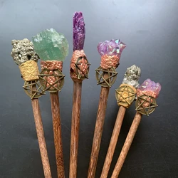 Fairy Witch Magic Stick Crystal Pentagram Tourmaline Amethyst Pyrite Stone Magic Wand Long Wood Sticks for Decor Craft