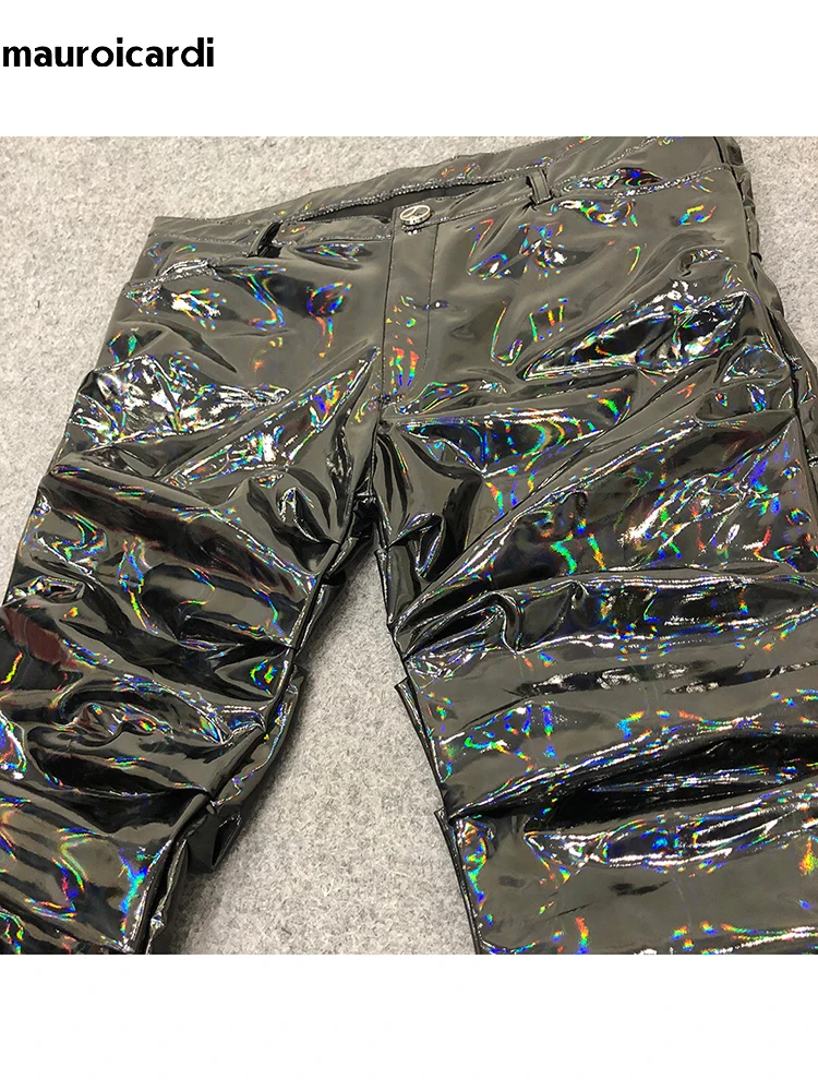 Mauroicardi Spring Autumn Long Cool Black Holographic Shiny Reflective Stretchy Soft PVC Faux Leather Stacked Pants for Men 2024