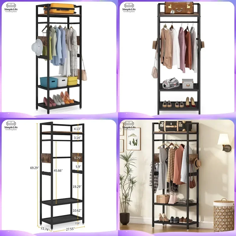 Industrial Metal Coat Rack Expandable Clothes Hanger Stand Heavy Duty Garment Organizer for Bedroom Living Room Entryway