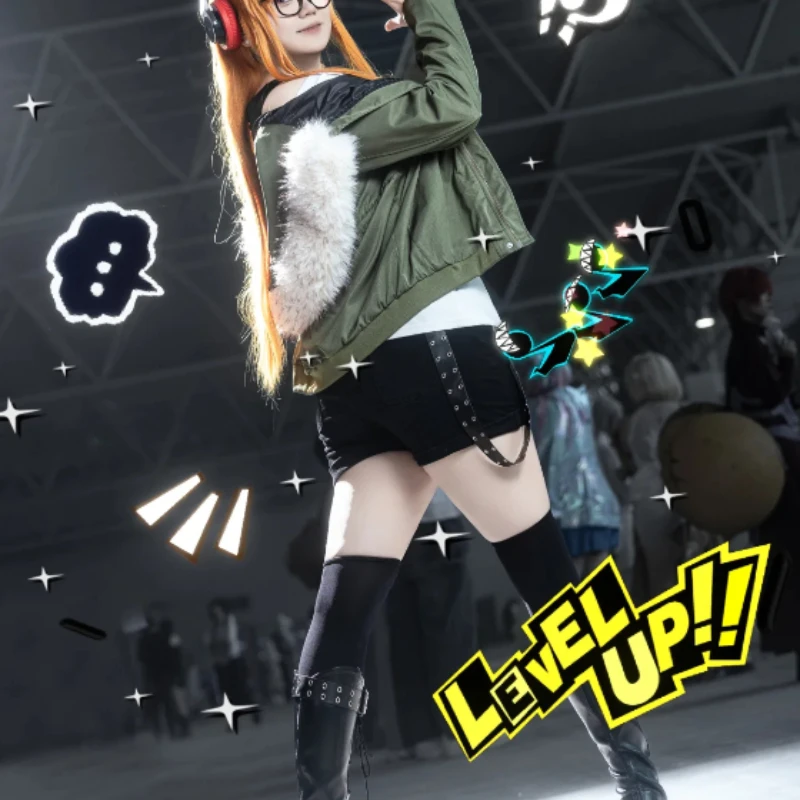Navi Futaba Sakura Cosplay Costume Persona 5 Hacker Girl T Shirt Shorts Set With Orange Long Straight Wig Cosplay Party