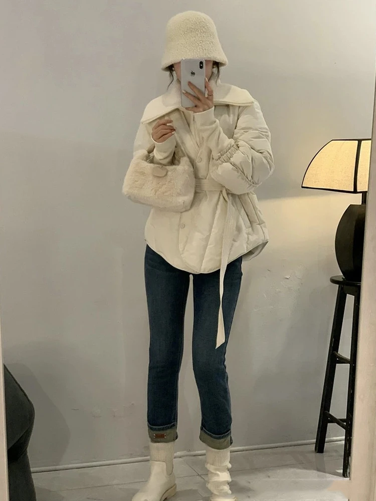 2023 Winter Duck Down Coat Women lapel Warm Jackets Autumn Fashion belt Short Casual Parkas