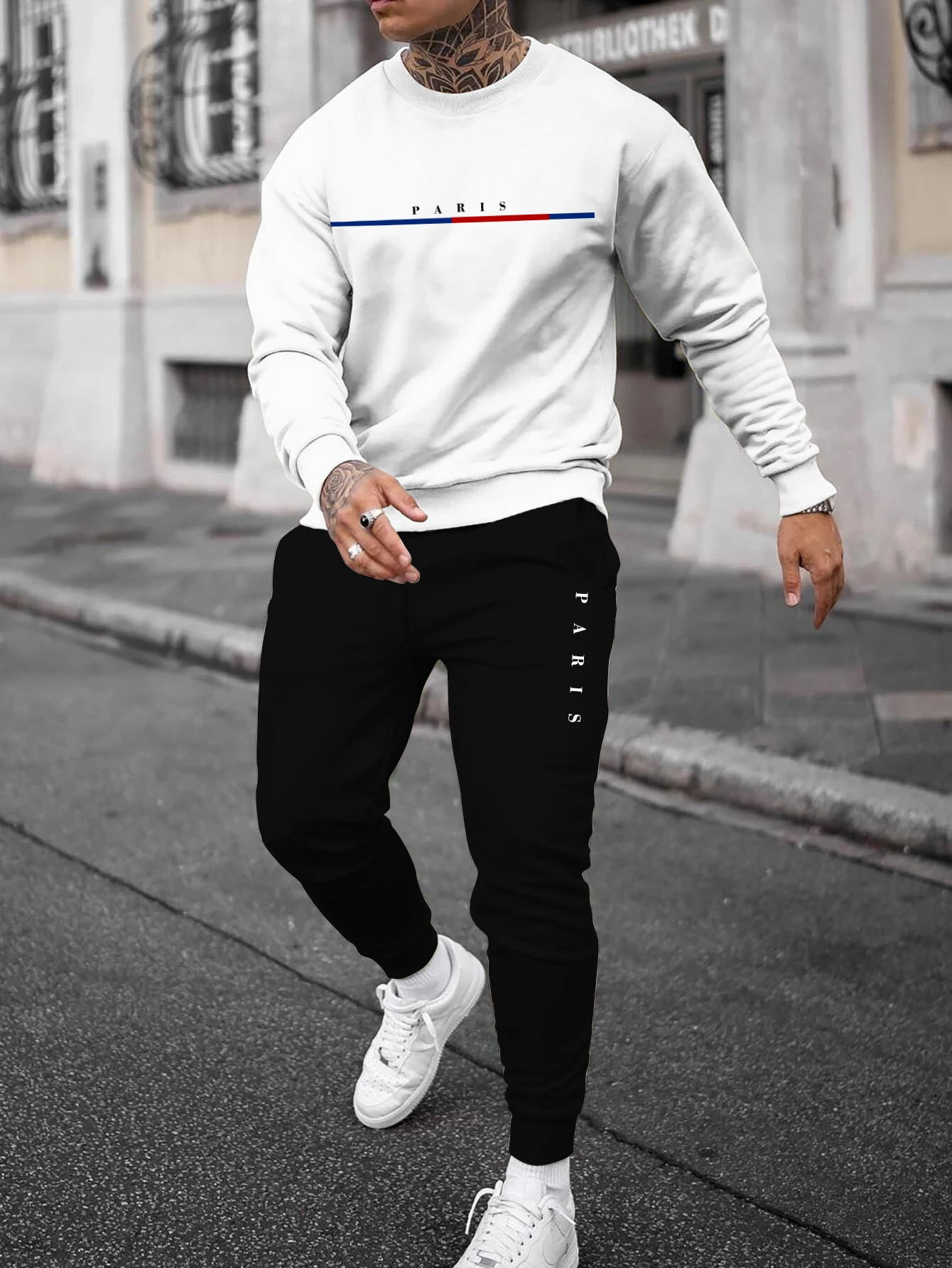 Trendy Men New Sweatshirt Sweatpants Set Autumn and Winter Loose Casual Printed Fit Hundred Long Sleeve Sweatshirt Set