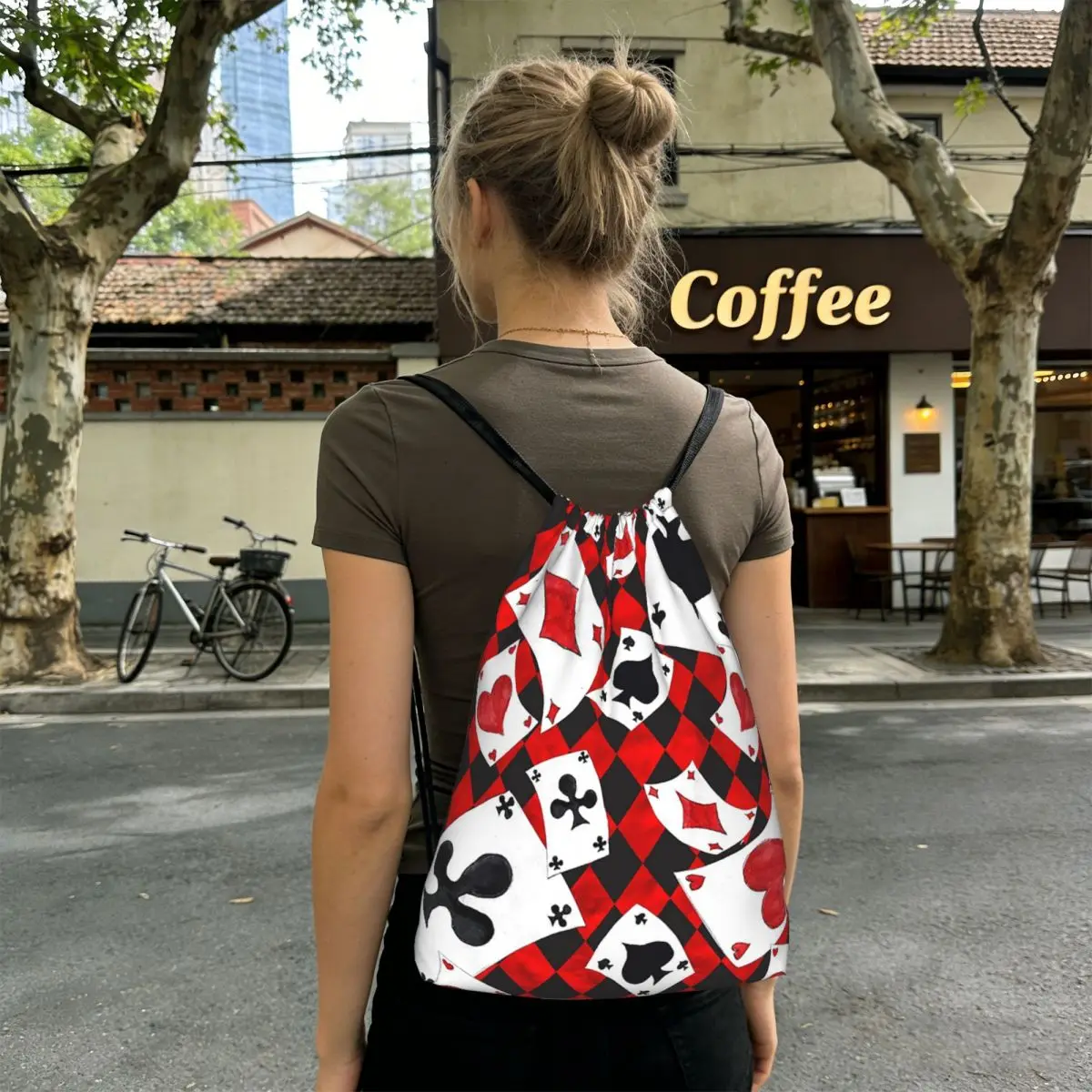 Cool Poker Playing Cards Pattern Gambling Card Game Backpacks Drawstring Bundle Pocket Sports Bag Book Bags for Travel School