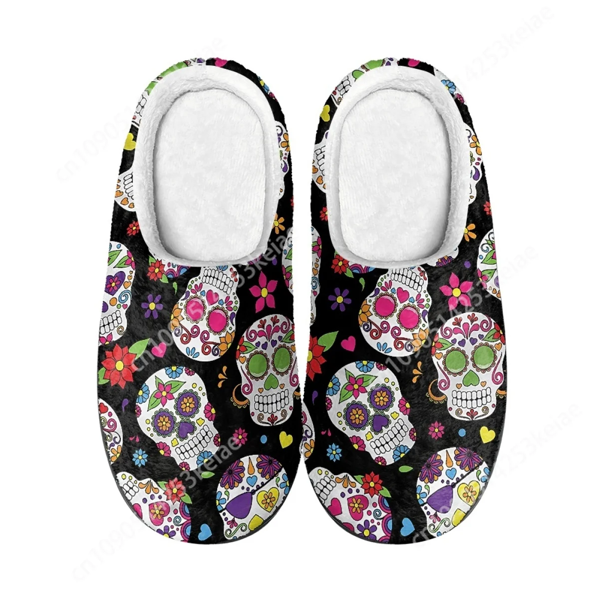 

Women Men Indoor Home Autumn and Winter Warm Cotton Slippers Kawaii Cute Skull Sunflower Flowers Print Floor Shoes Custom Image