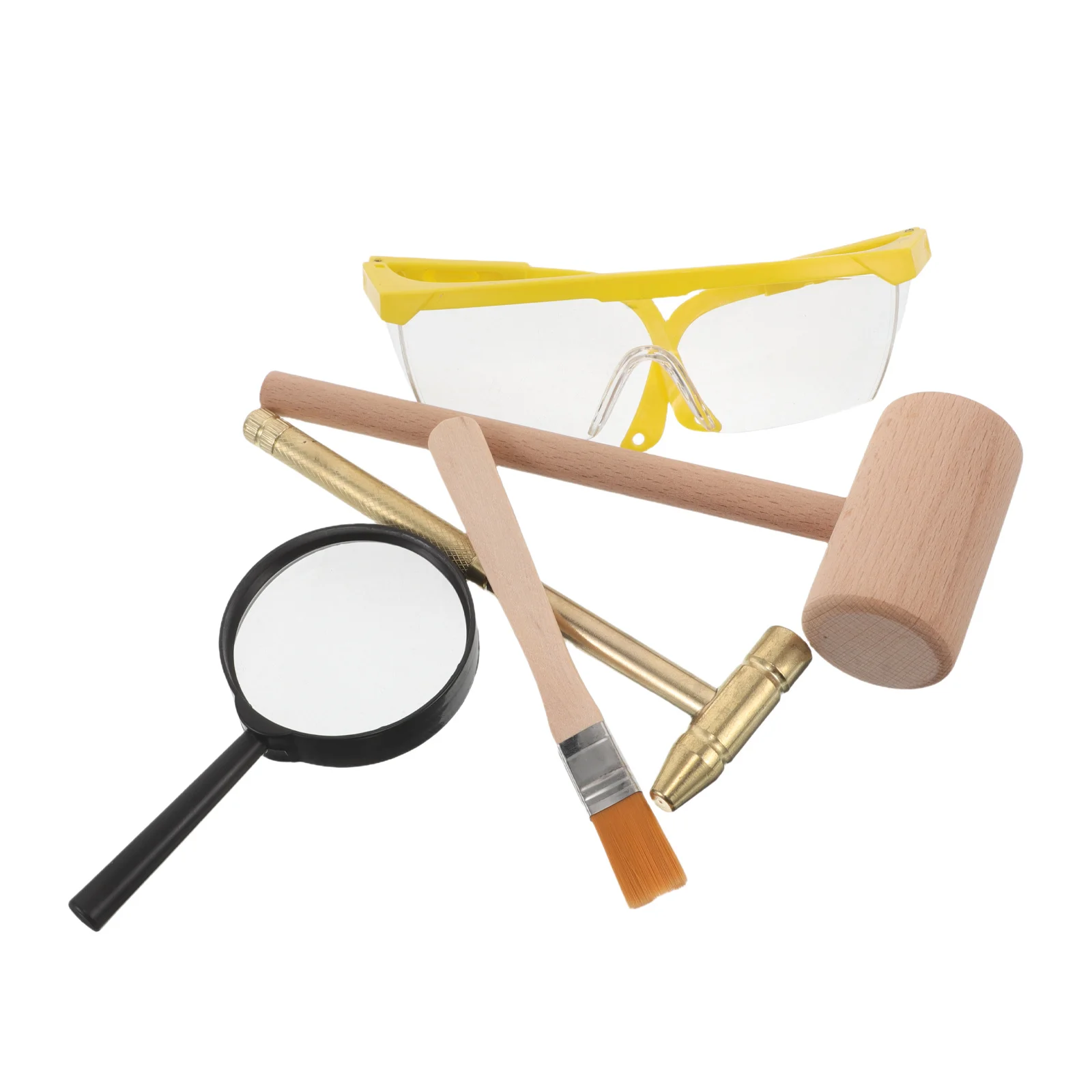 

1Set Kids Dig Kit with Realistic Tools - Medium Wooden Hammer Dual Use Metal Hammer Safety Glasses Brush Magnifier for Pretend